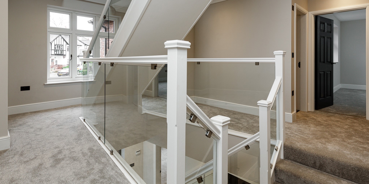 glass return balustrade, white primed staircase