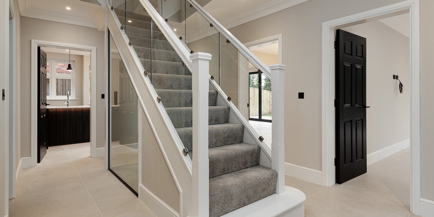 glass and white staircase, glass balustrade
