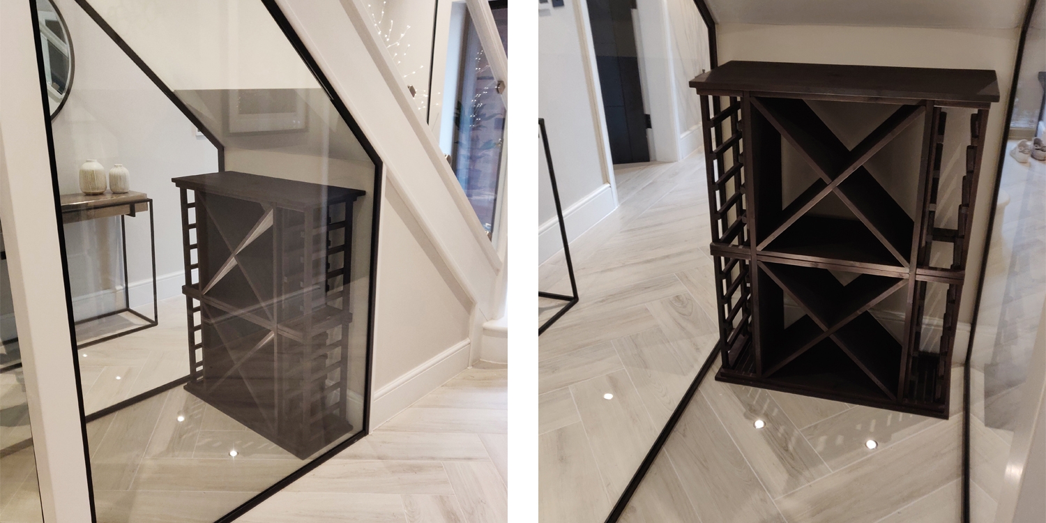 glass cupboard, glass wine cellar, glass under stairs